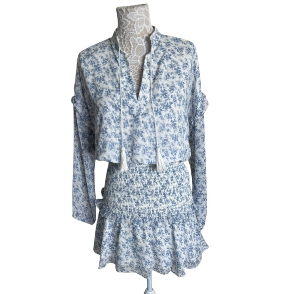 Aqua Floral Print Mini Dress ruffles bohemian cottage core size large